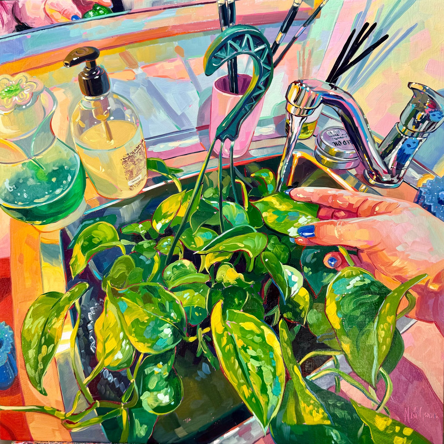 Original oil painting by Alai Ganuza showing a lush green pothos plant in a hanging basket being watered in a vibrant sink, with thick impasto brushstrokes in electric green and teal.