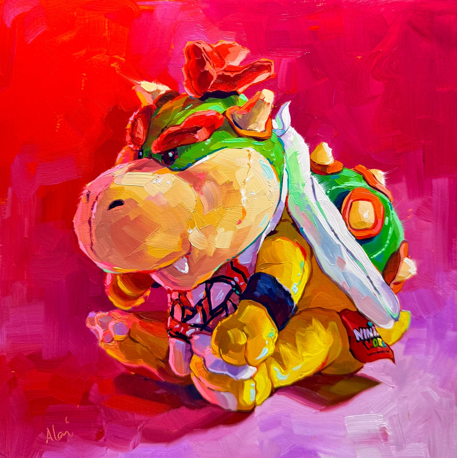 An original oil painting by Alai Ganuza of a Bowser Jr. plushie toy, rendered with thick, vibrant impasto brushstrokes in yellow, red, and green against a high-contrast deep pink background.