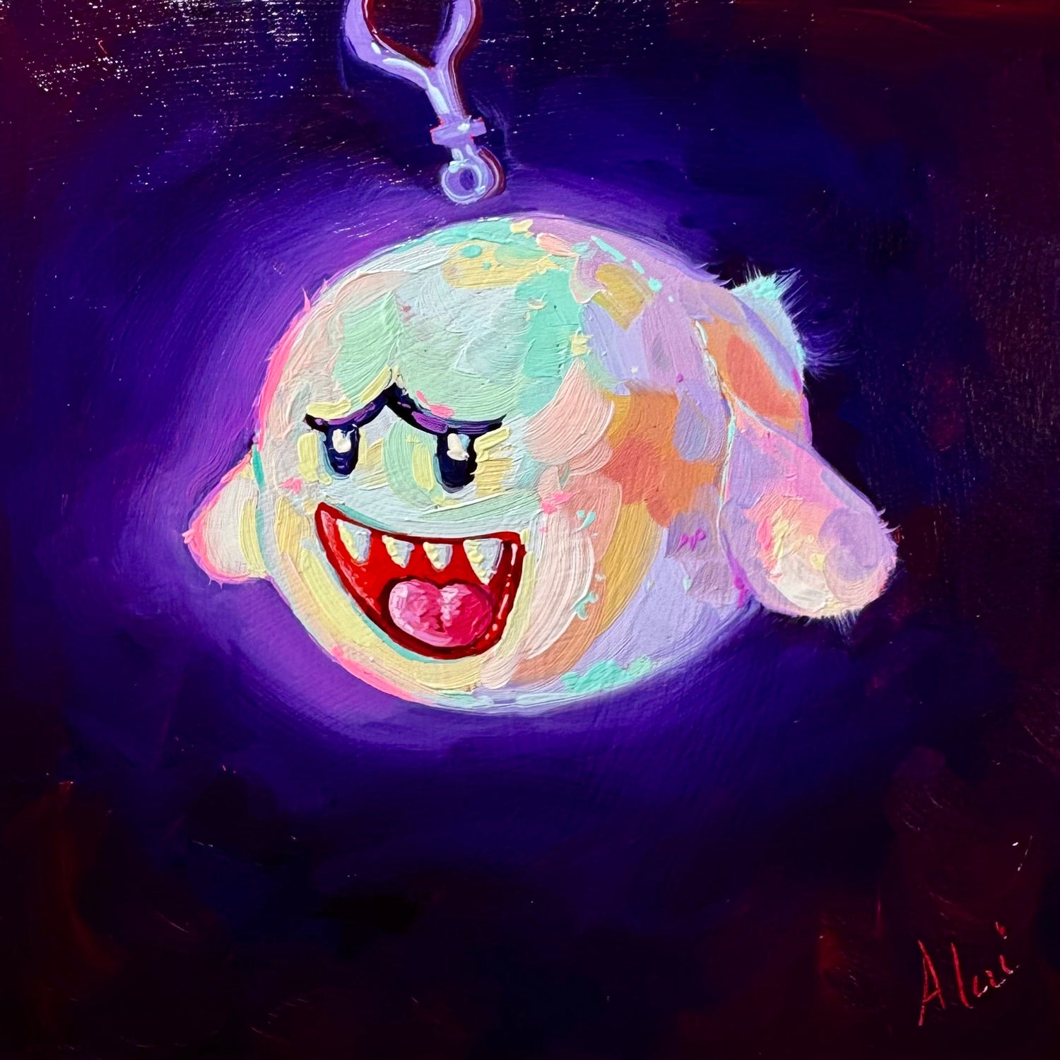 An original oil painting by Alai Ganuza of a Boo ghost plushie keychain, rendered with thick, colorful impasto brushstrokes in lavender, pink, and lime green against a deep, moody purple background.