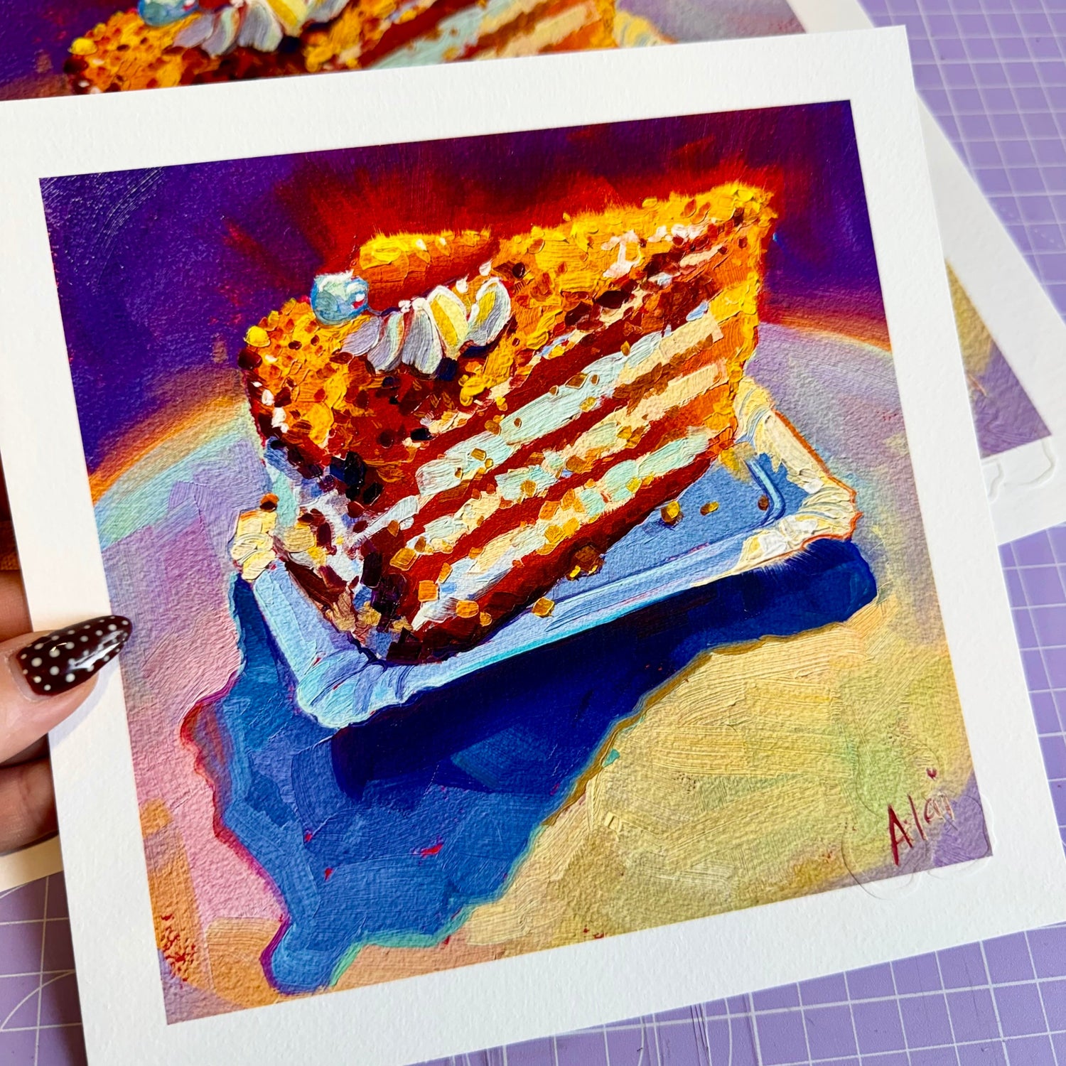 Vibrant original oil painting by Alai Ganuza, depicting a delicious slice of cake with thick, colorful frosting in a high-contrast, striking style. Contemporary food art perfect for kitchen wall decor and dining areas.