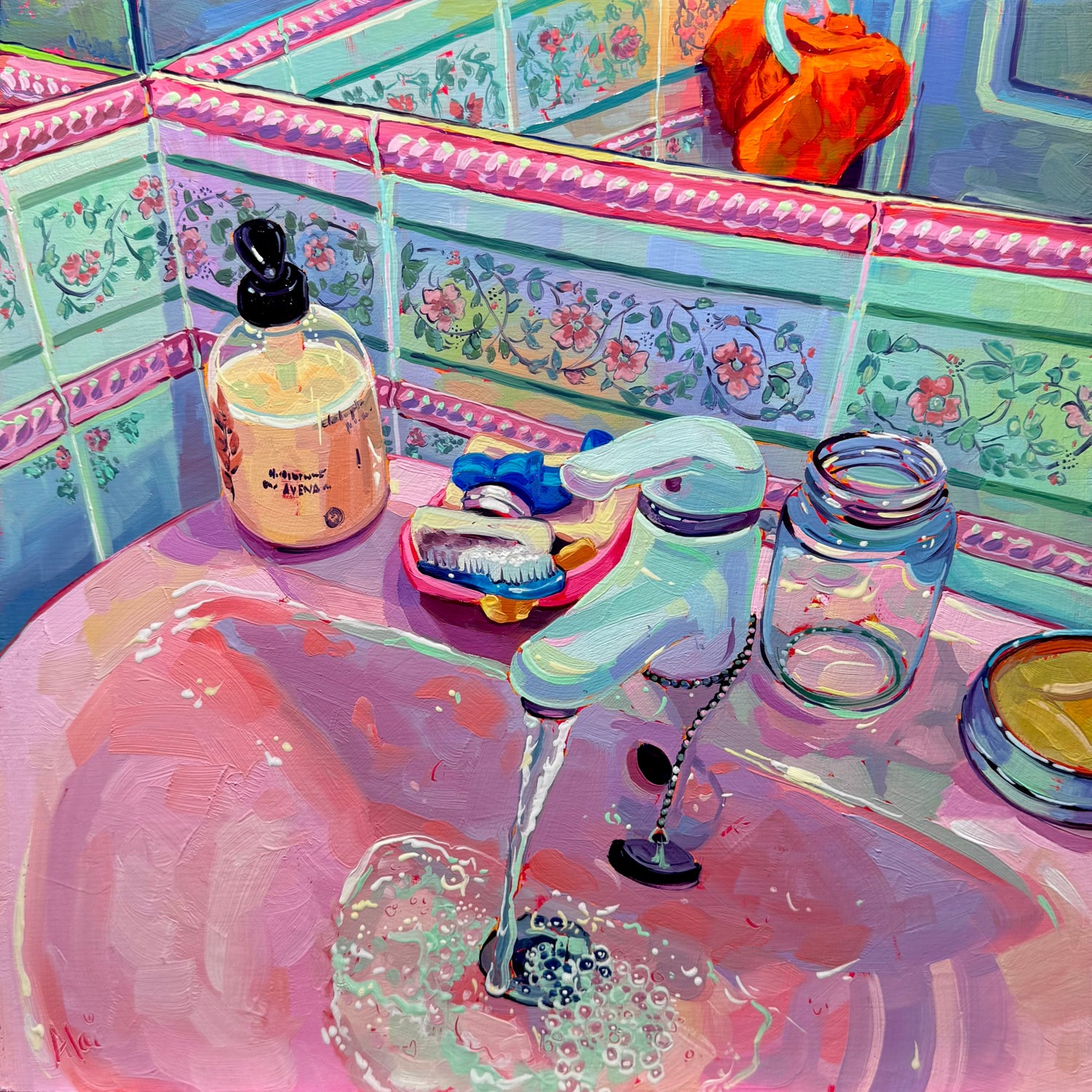 Original oil painting of a vibrant pink bathroom sink with a chrome faucet running water, featuring green floral tiles, a bottle of soap, and a dish of cleaning brushes.