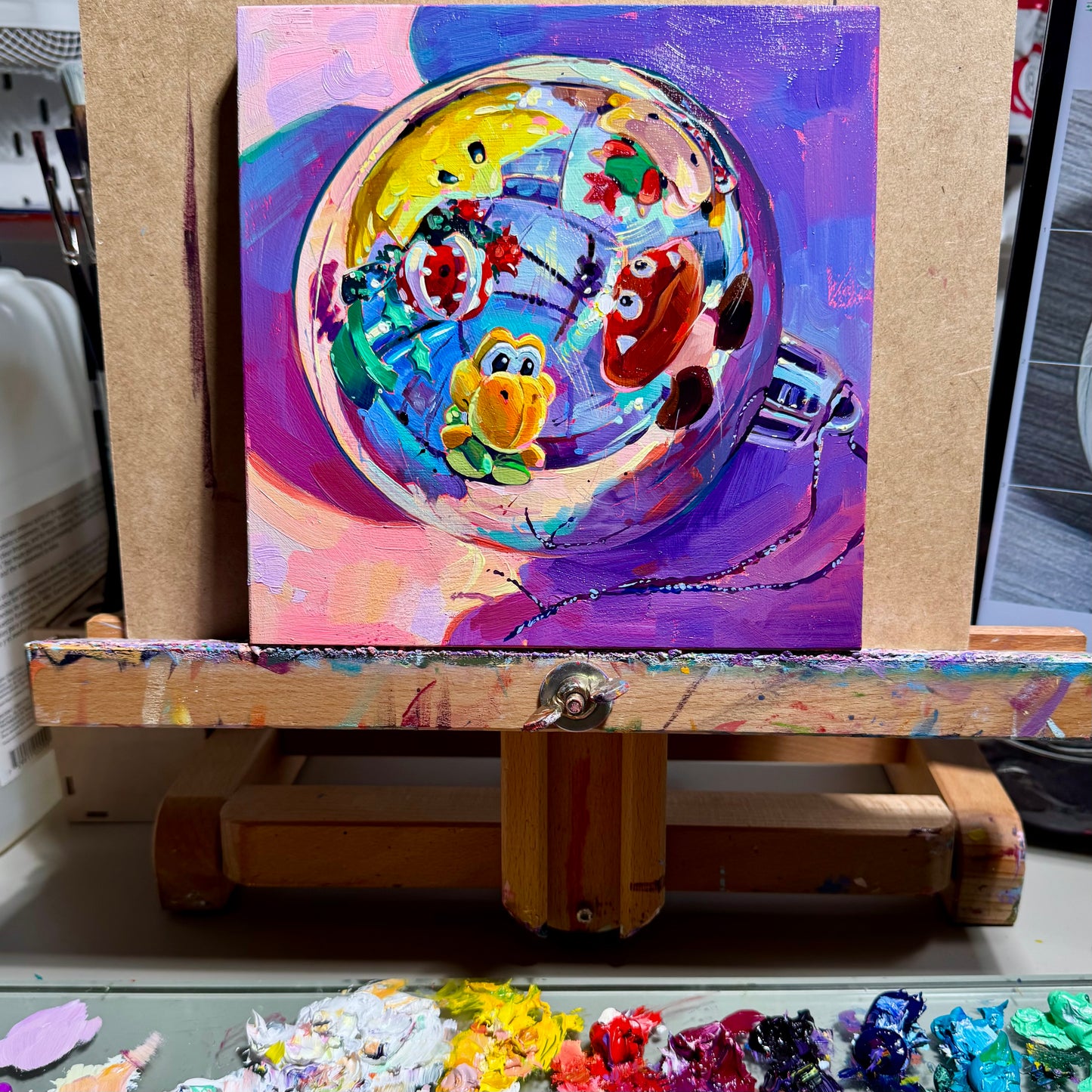 Mario Plushies and Christmas ball - Original Oil Painting