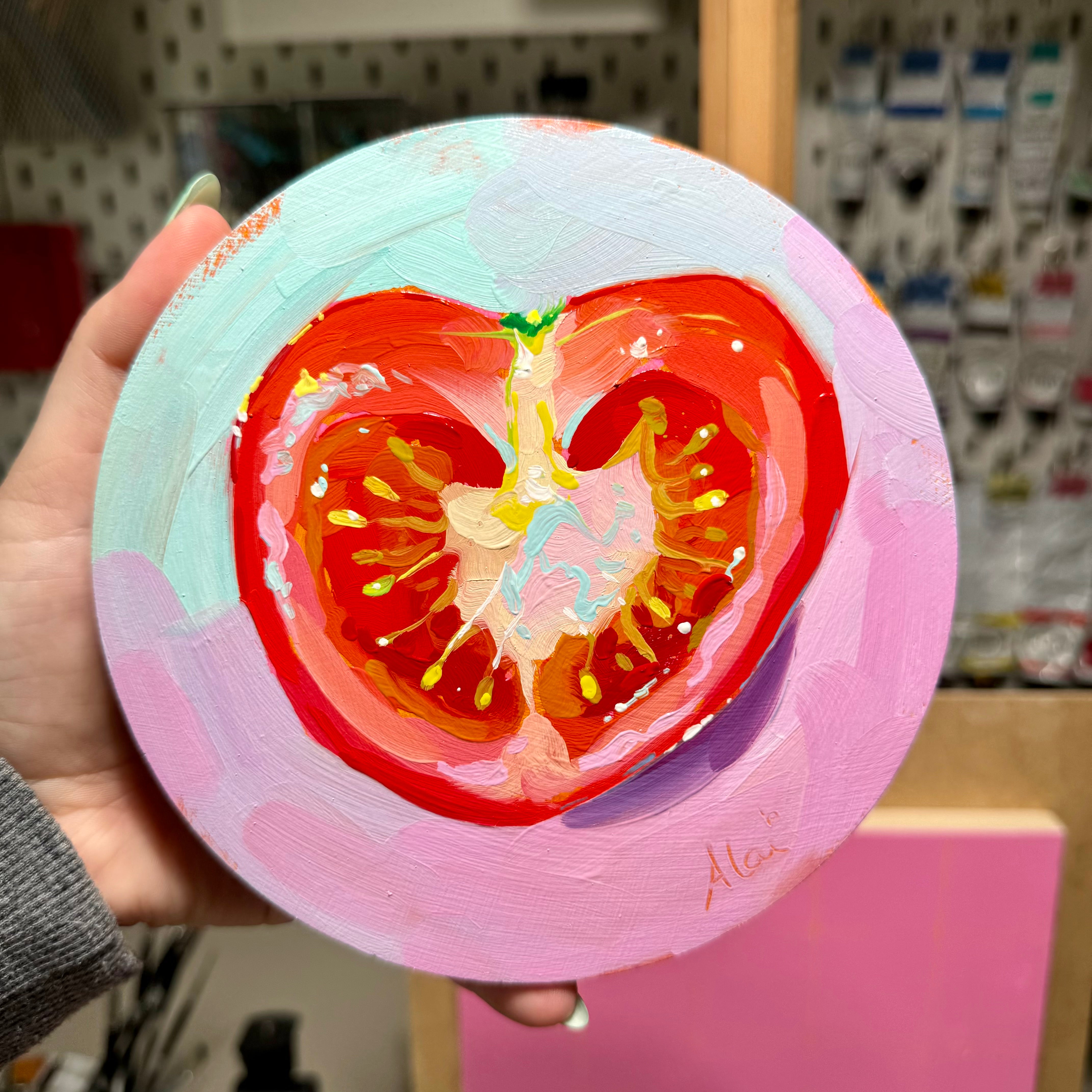 Round Heart Tomato Oil Painting | Round Kitchen Art | Alai Ganuza