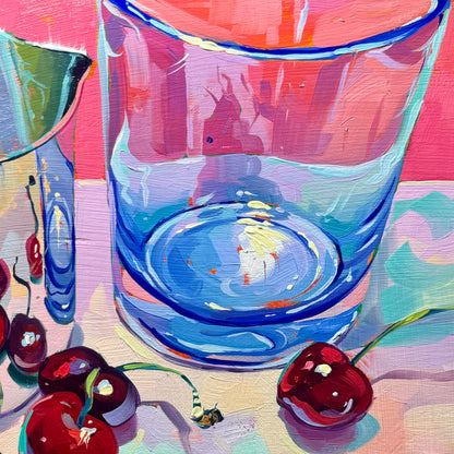 Cherries, pitcher and glass - Original Oil Painting