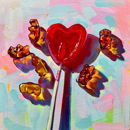 Heart lollipop and bears - Original Oil Painting