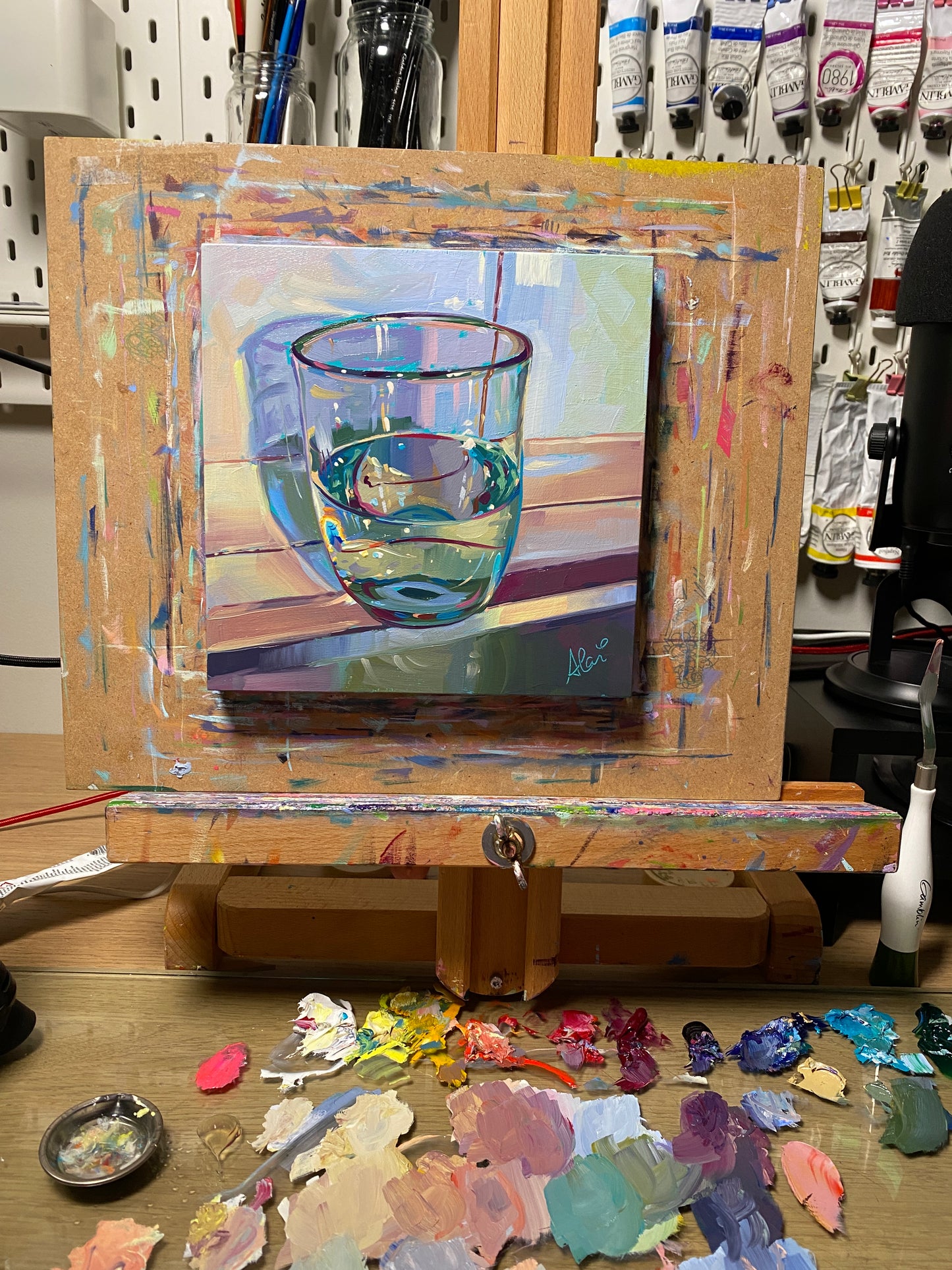 Vaso de agua en un fregadero - Pintura al óleo original