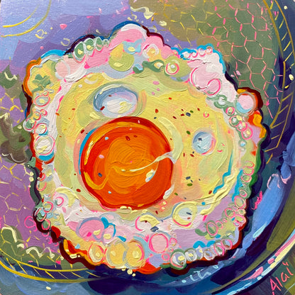 Original oil painting by Alai Ganuza titled "Egg". A top-down view of a fried egg with a bright orange yolk and stylized, bubbly edges painted in pinks, greens, and yellows on a purple background.