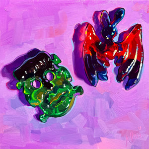 Original oil painting by Alai Ganuza featuring translucent Halloween gummy candies. Vibrant candy still life on wood canvas.