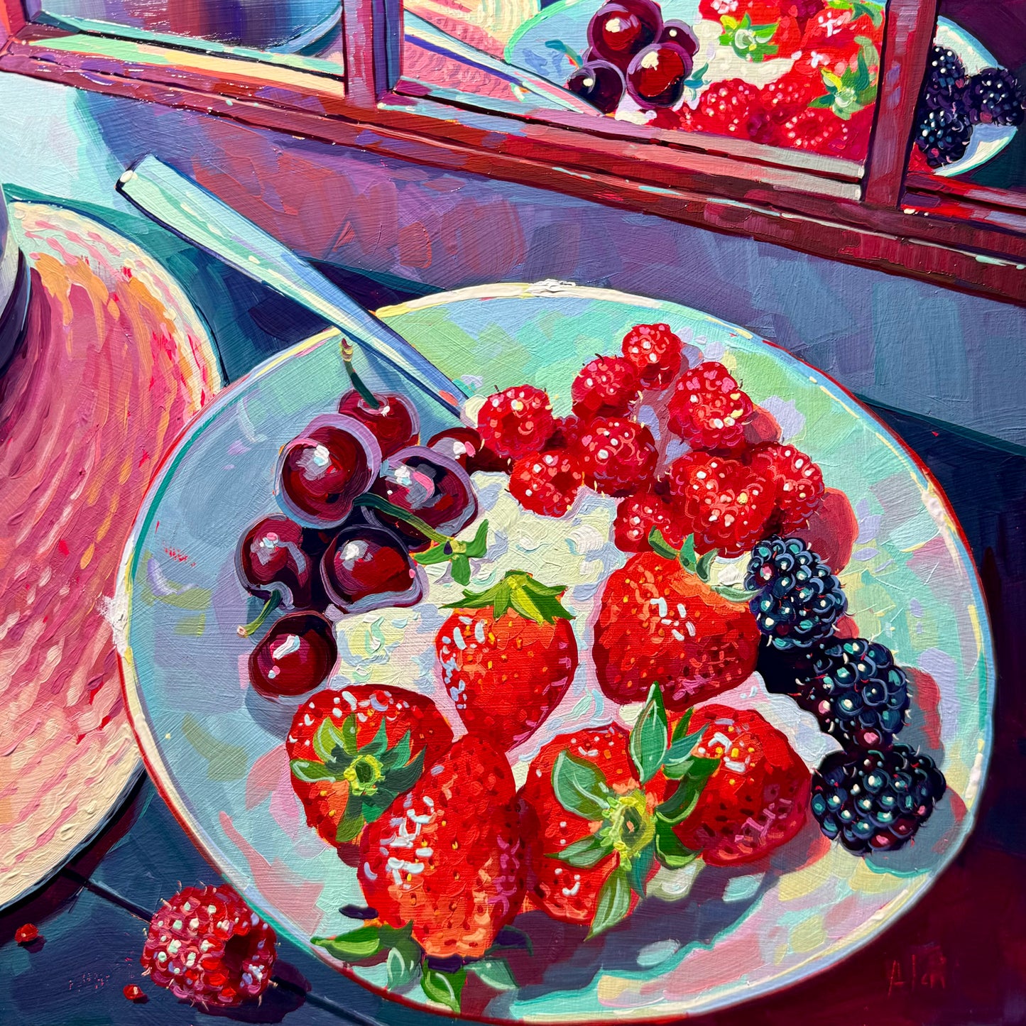 Berries and mirror - Original Oil Painting