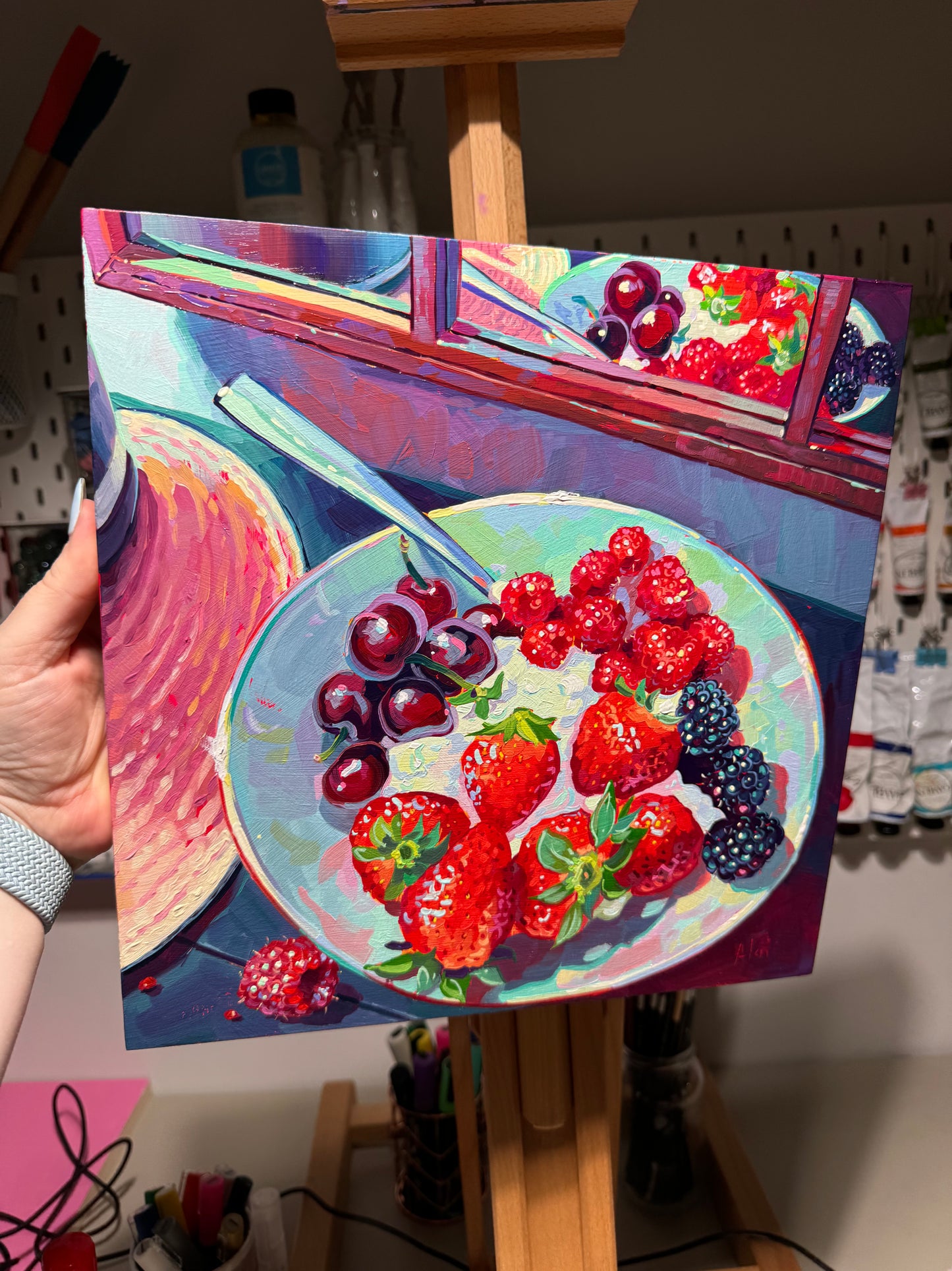 Berries and mirror - Original Oil Painting