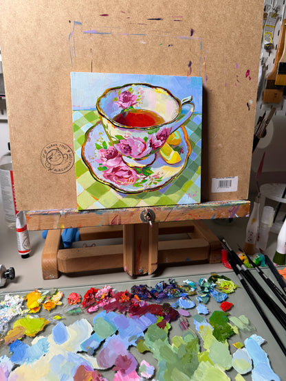 Taza de té con limones - Pintura al óleo original