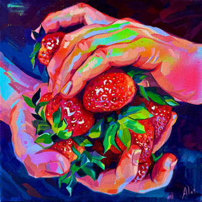 Neon strawberries - Original Oil Painting