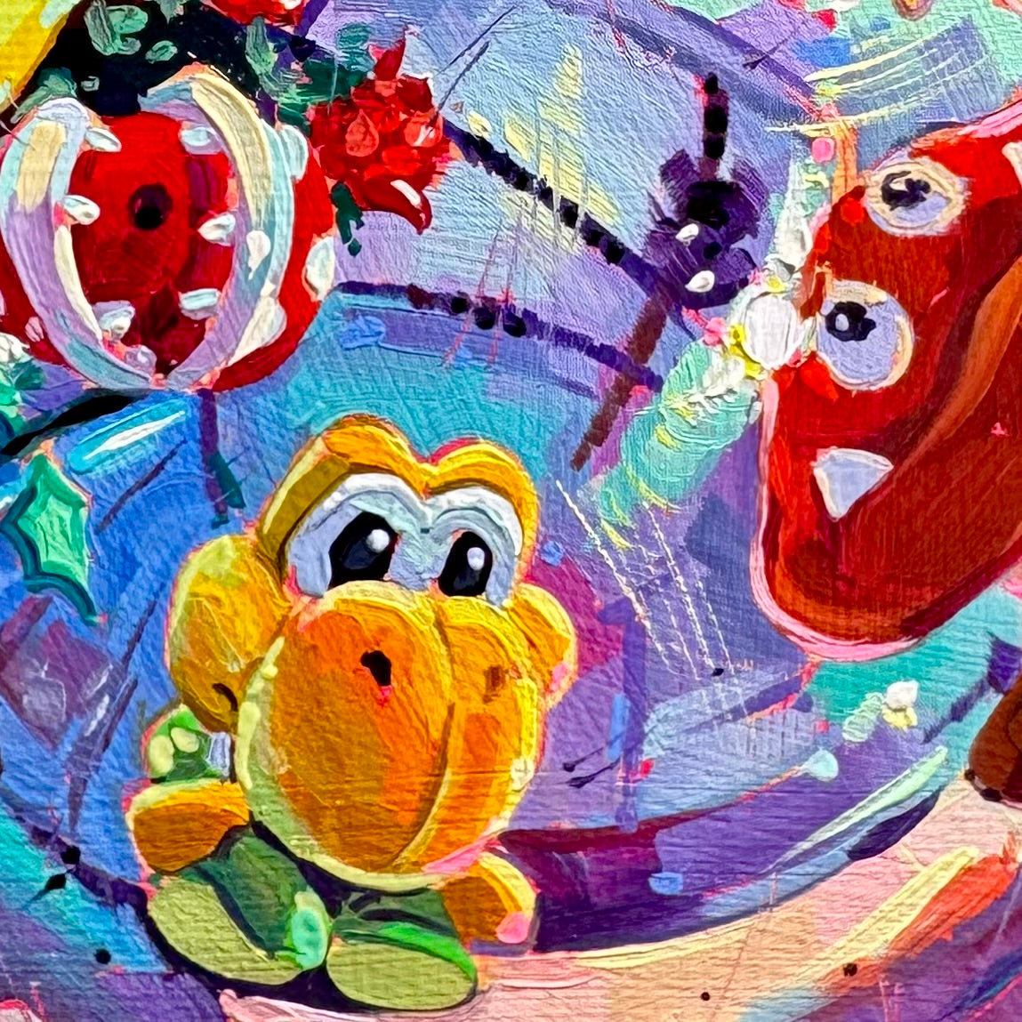Mario Plushies and Christmas ball - Original Oil Painting