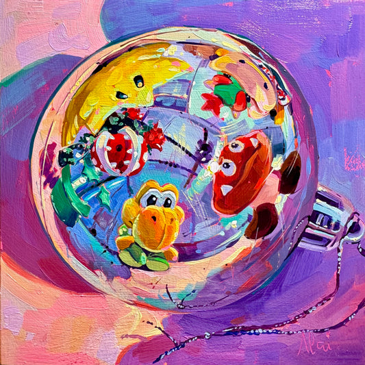 Mario Plushies and Christmas ball - Original Oil Painting