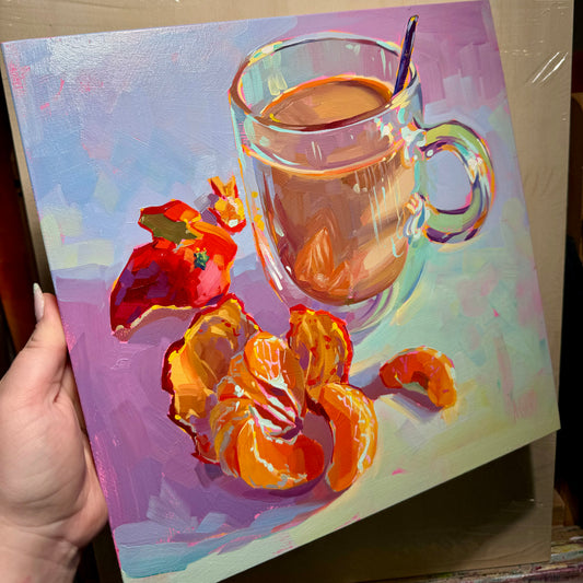 Taza de cristal y mandarina - Pintura al óleo original