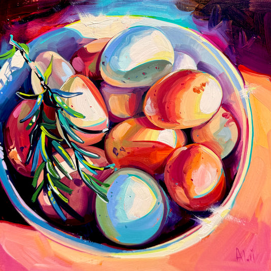 Romero y huevos - Pintura al óleo original