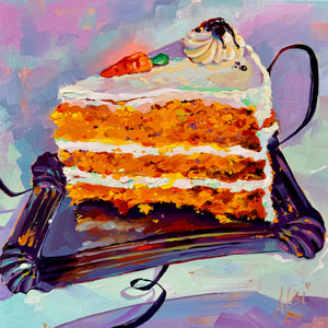 Original oil painting by Alai Ganuza featuring a slice of carrot cake and a decorative ribbon. Cozy food still life on wood canvas.