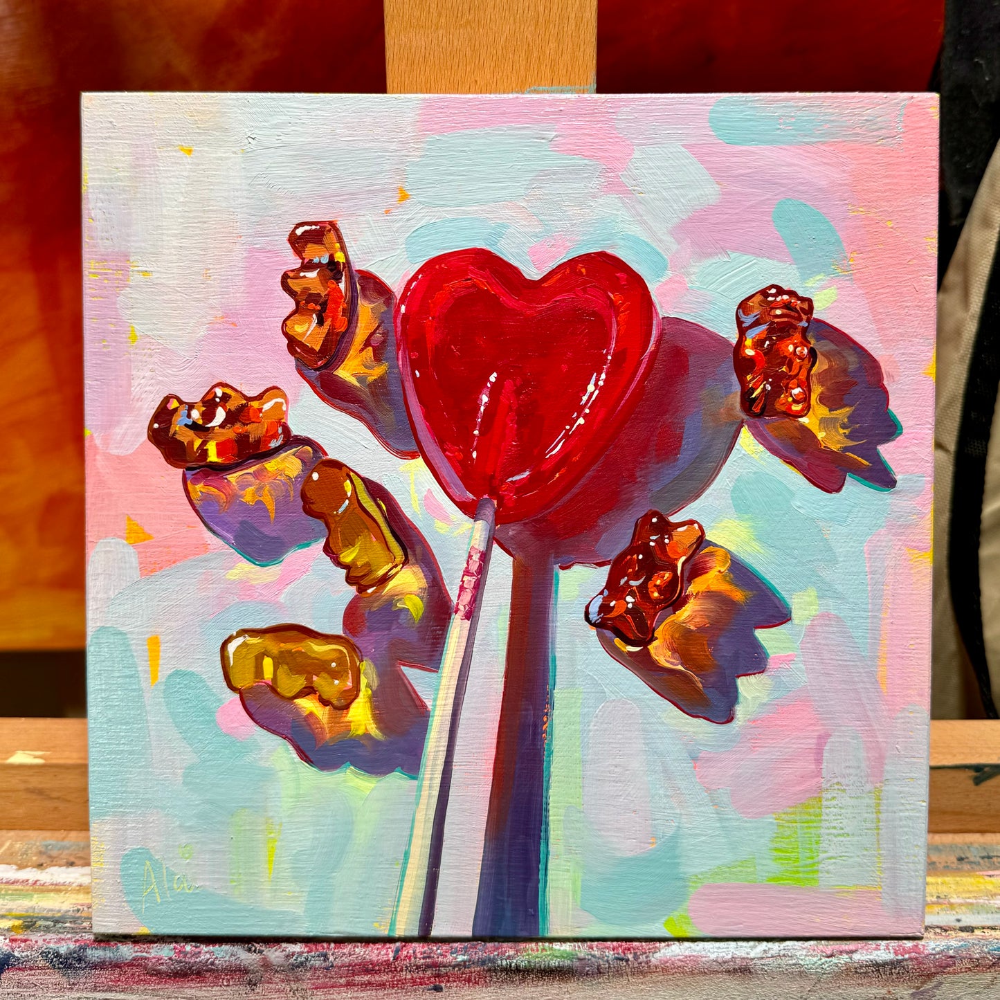 Heart lollipop and bears - Original Oil Painting