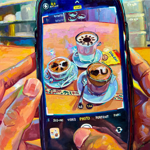 Original oil painting by Alai Ganuza titled "Coffee Photo POV". First-person view of taking a photo of a cup of coffee. Modern morning ritual art.