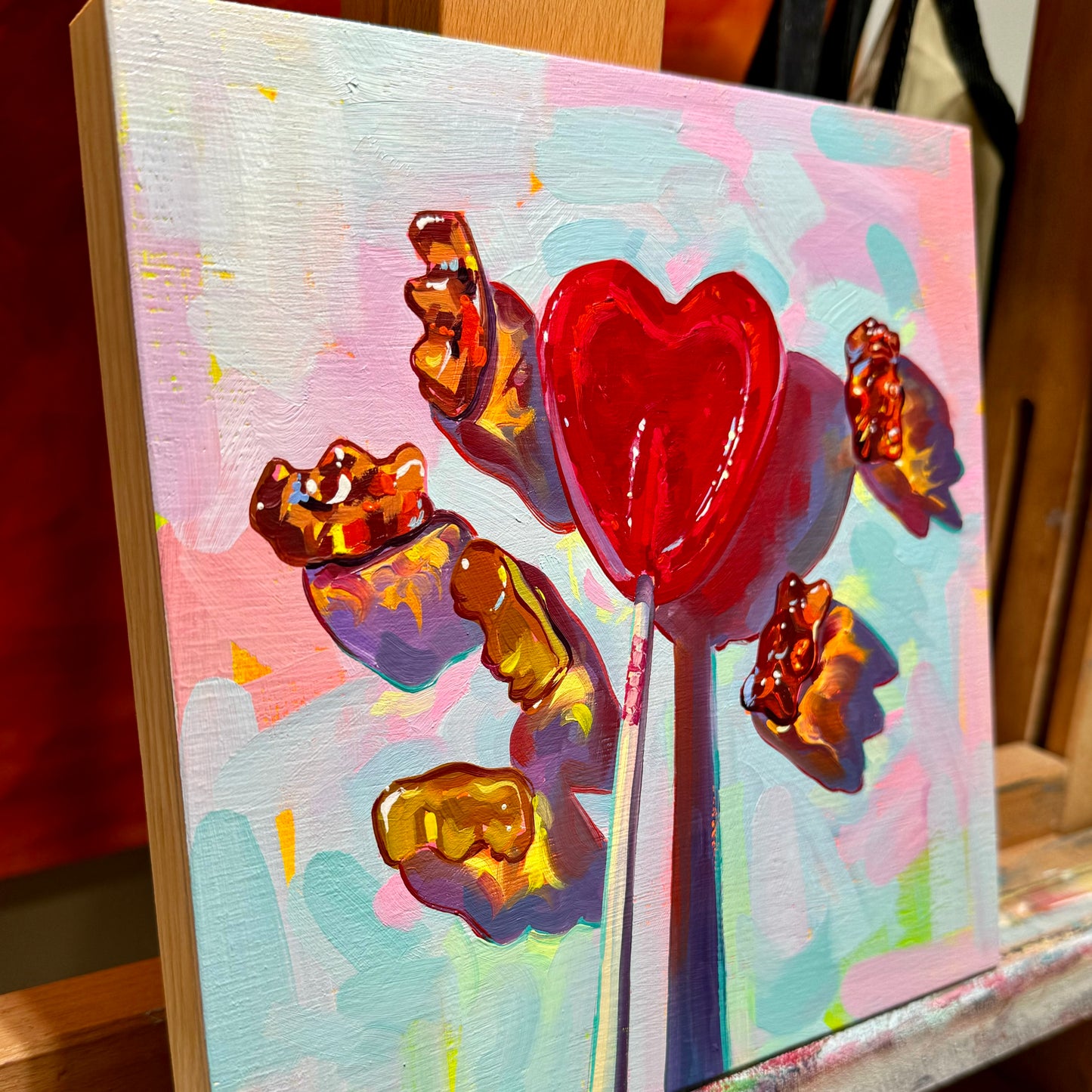 Piruleta de corazón y osos - Pintura al óleo original