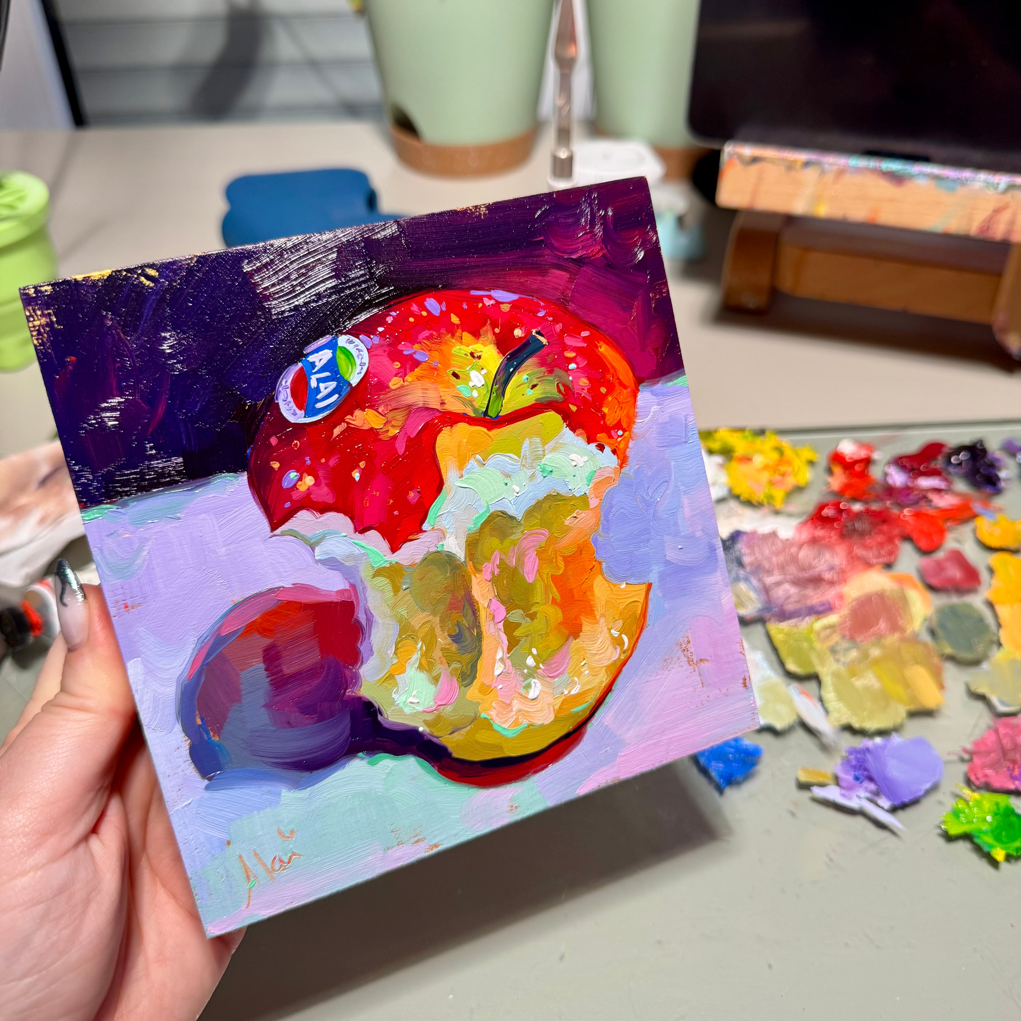 Bitten Apple Original Painting | Small Kitchen Wall Art | Alai