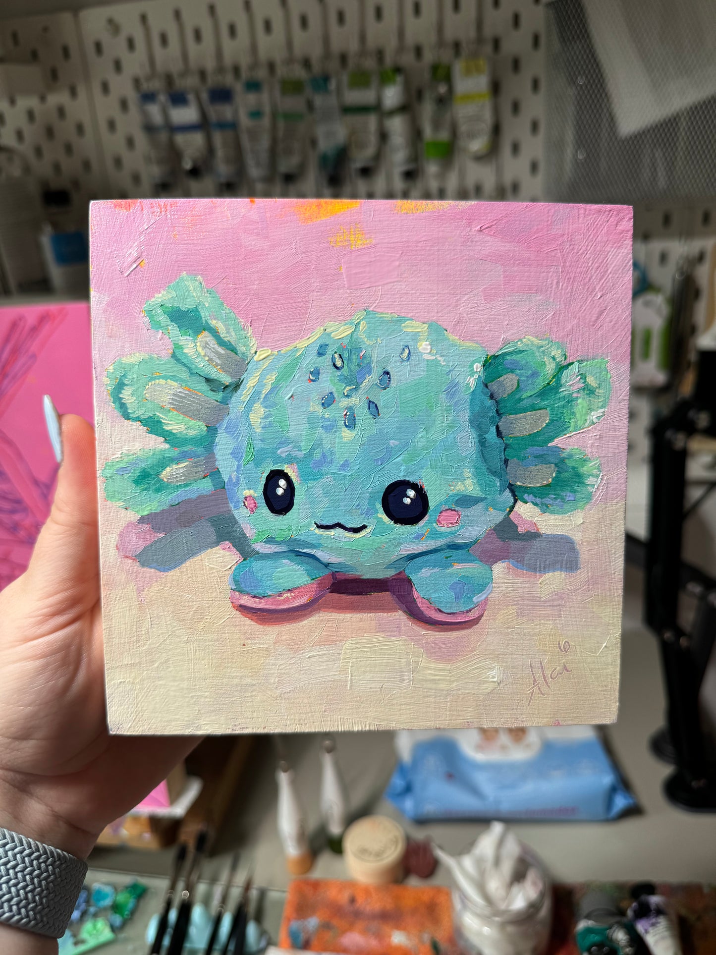 Teal axolotl - Original Oil Painting