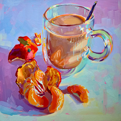 Taza de cristal y mandarina - Pintura al óleo original