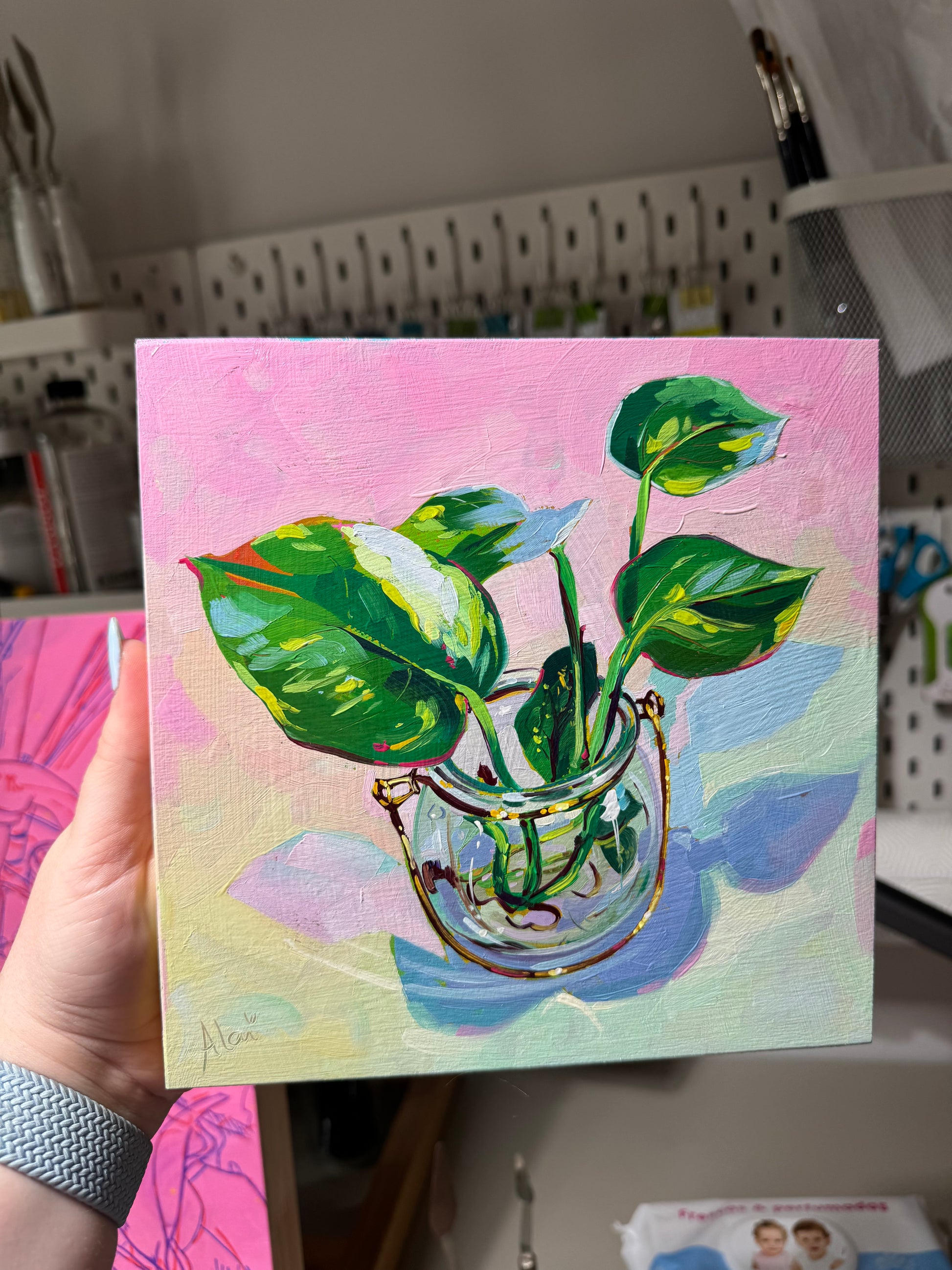 pothos painting Leaves in Jar Oil Painting | Pothos Plant Wall Art