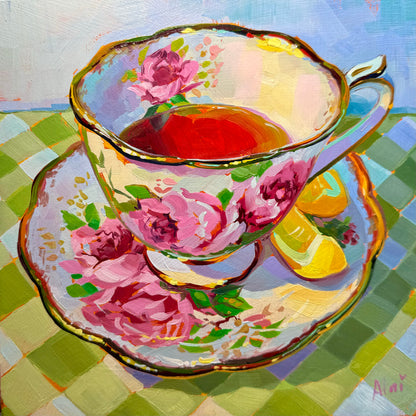 Taza de té con limones - Pintura al óleo original