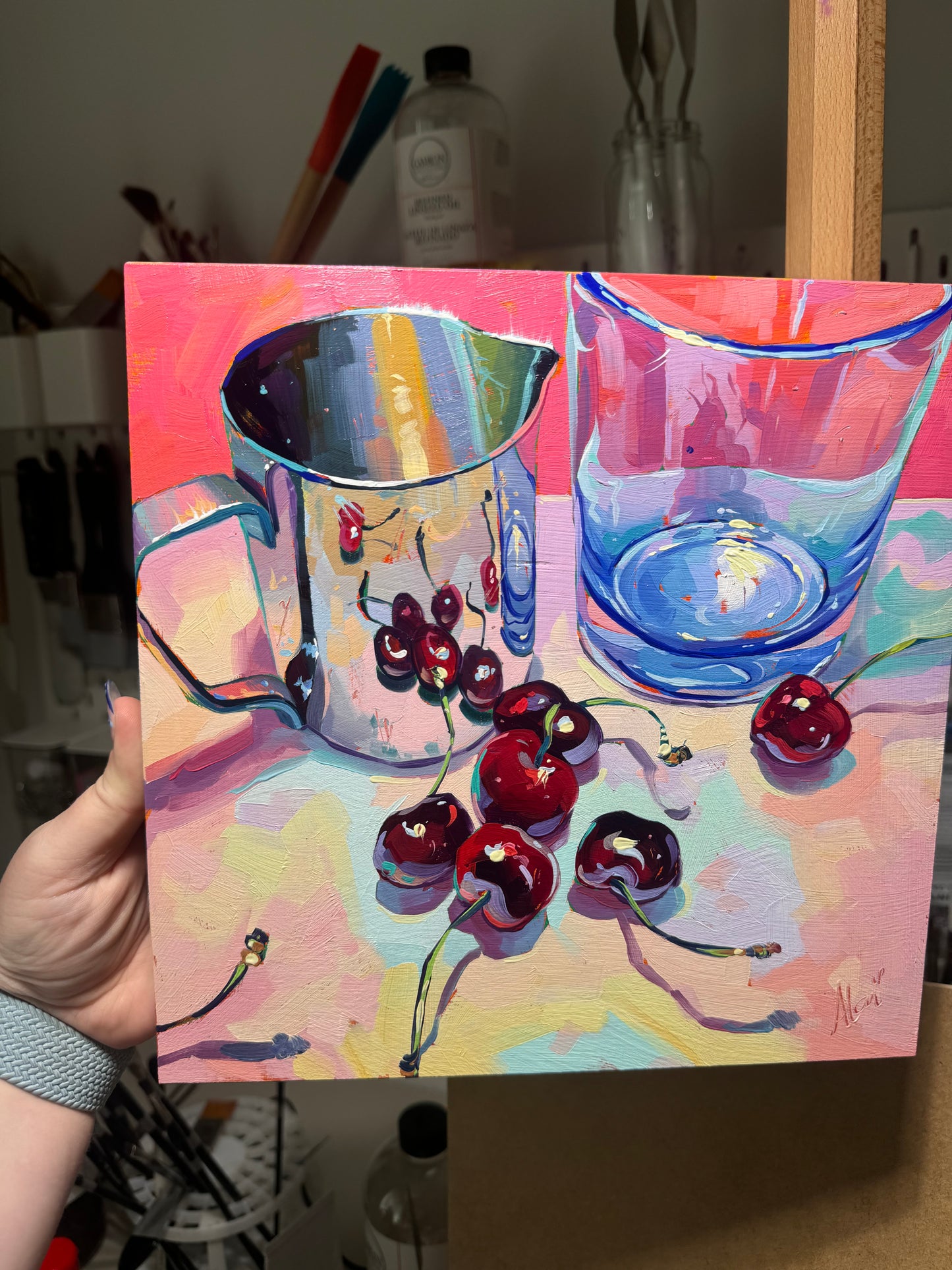 Cherries, pitcher and glass - Original Oil Painting