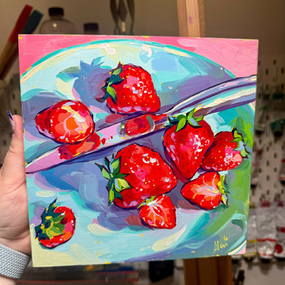 Strawberries and knife - Original Oil Painting