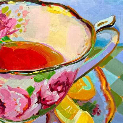 Taza de té con limones - Pintura al óleo original