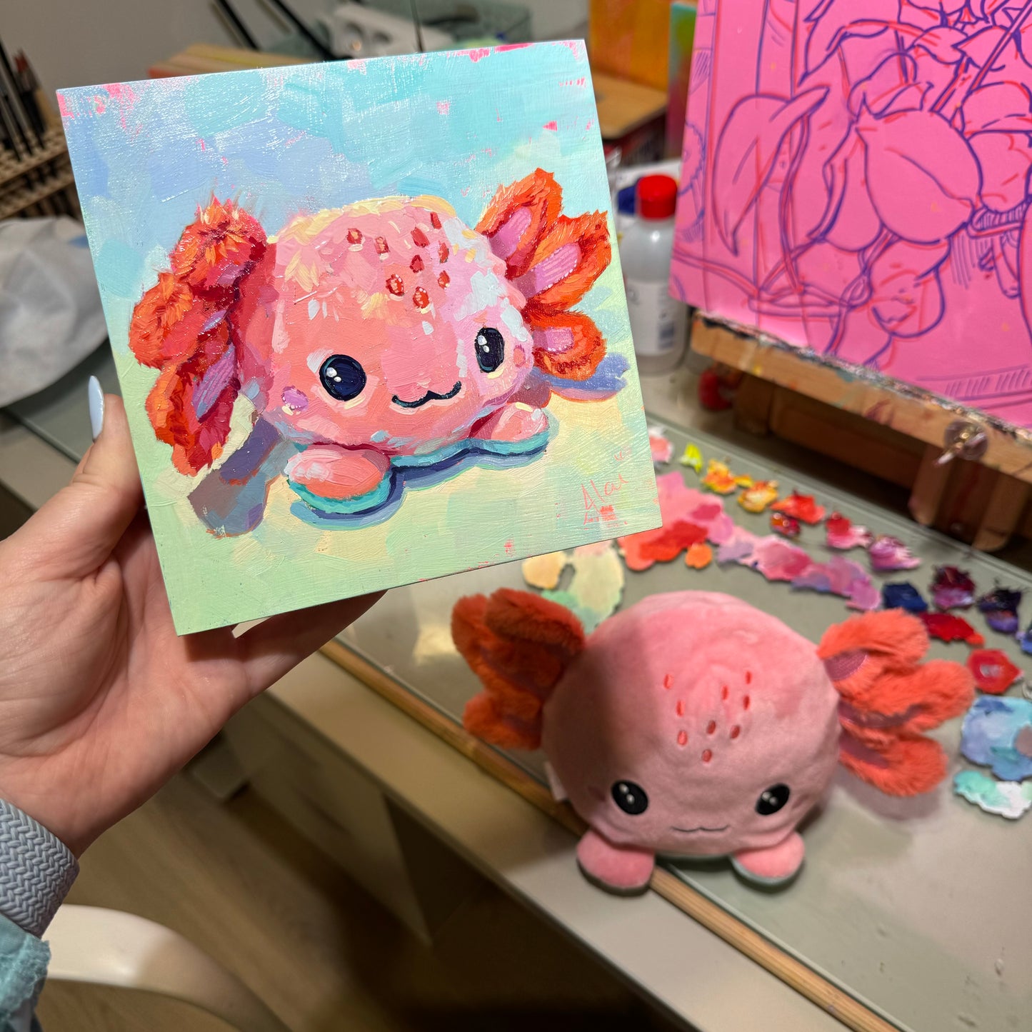 Pink axolotl - Original Oil Painting