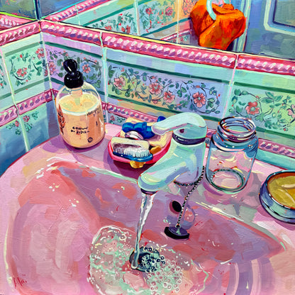 Pink bathroom - Original Oil Painting