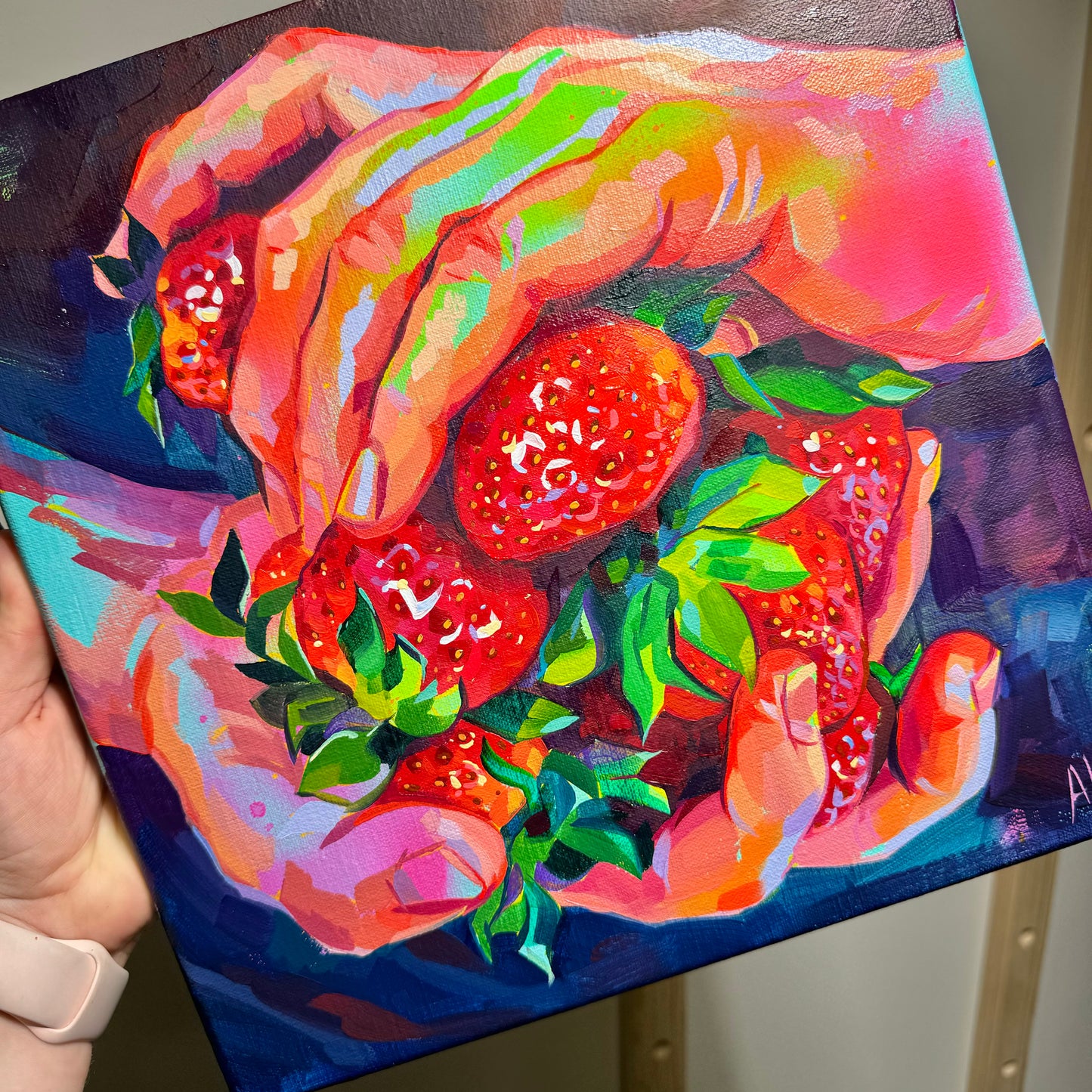 Neon strawberries - Original Oil Painting