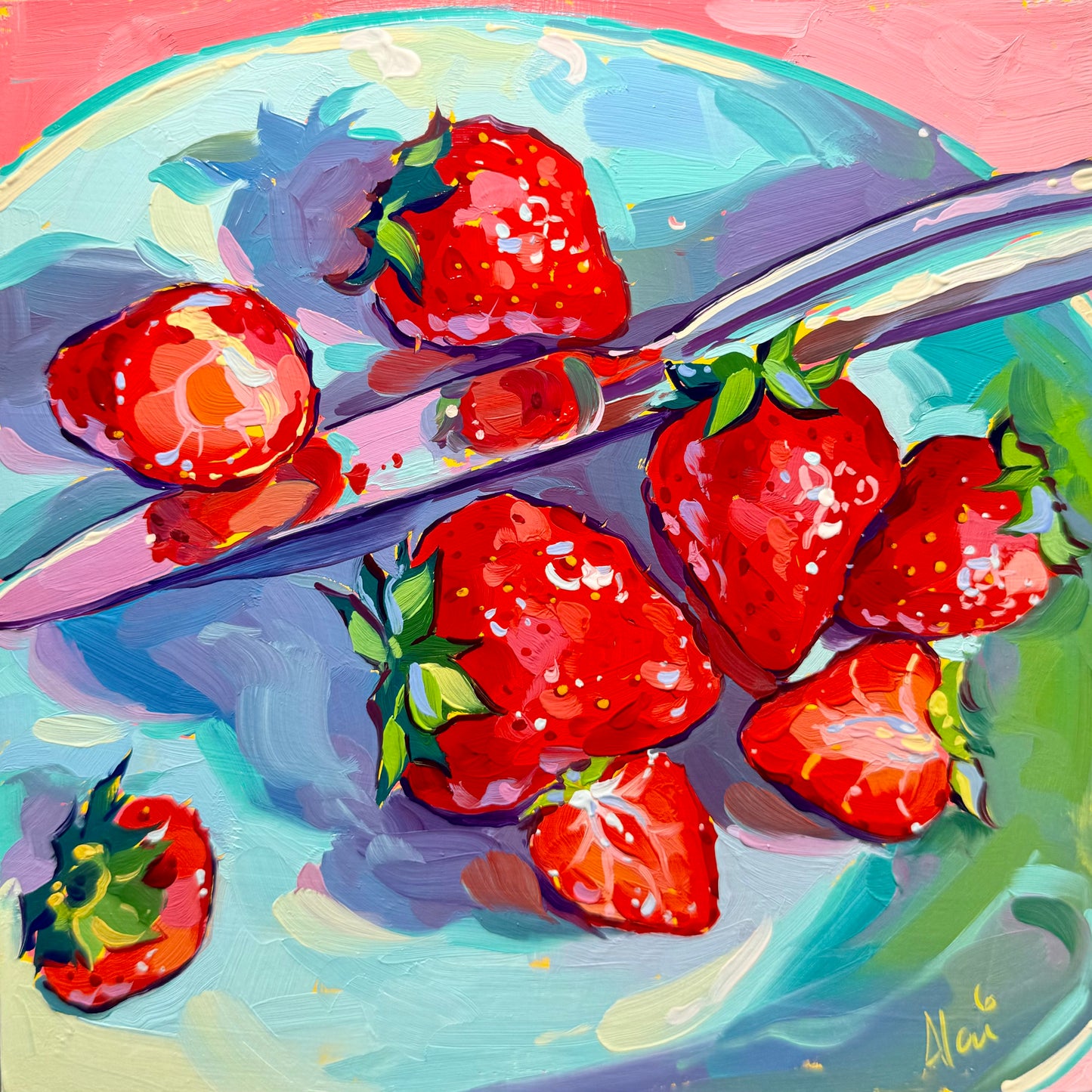 Strawberries and knife - Original Oil Painting