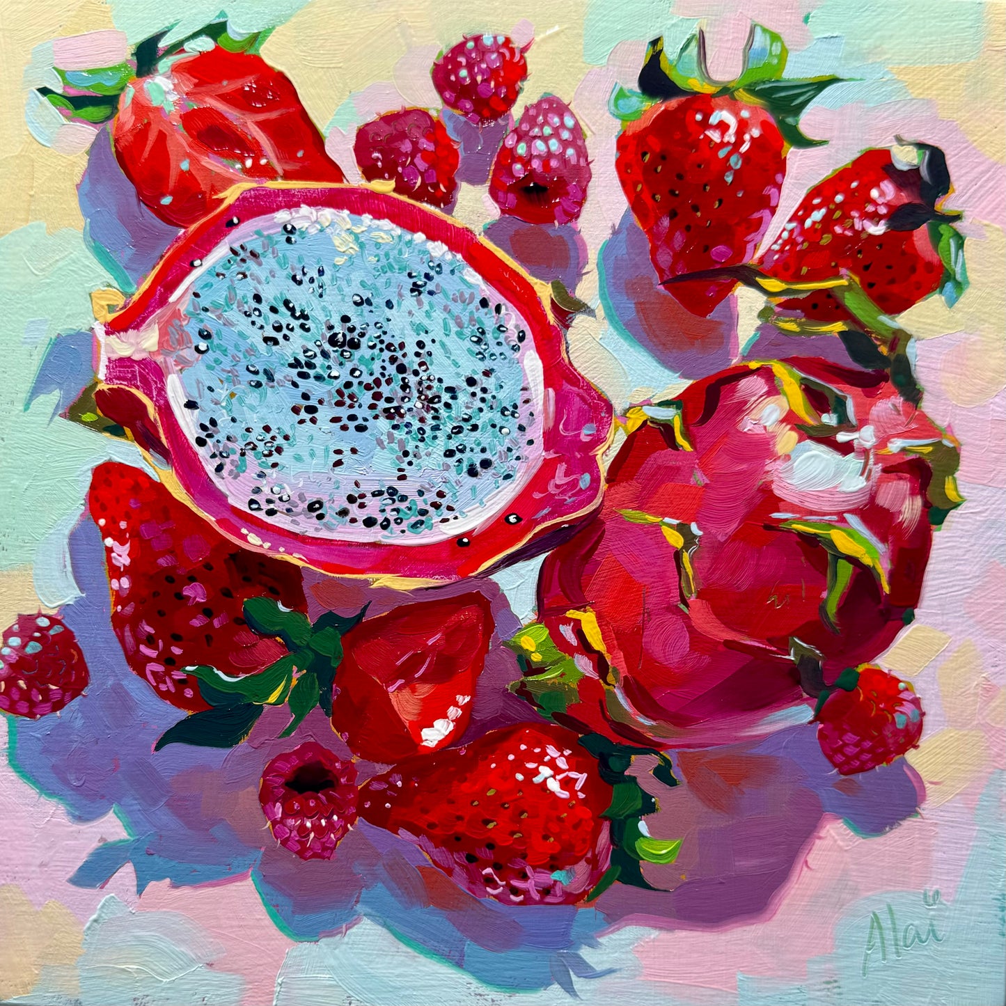 Dragonfruit and berries - Original Oil Painting