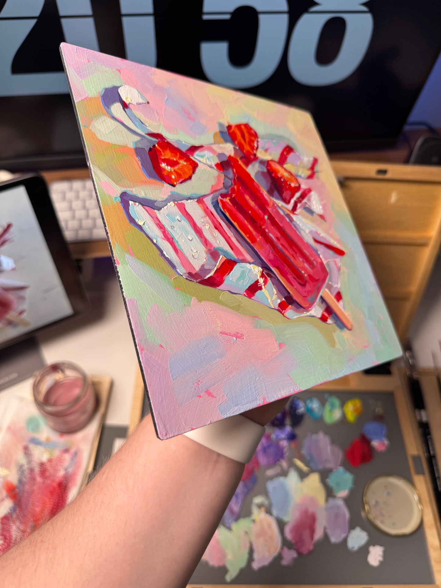 Strawberry ice cream - Original Oil Painting