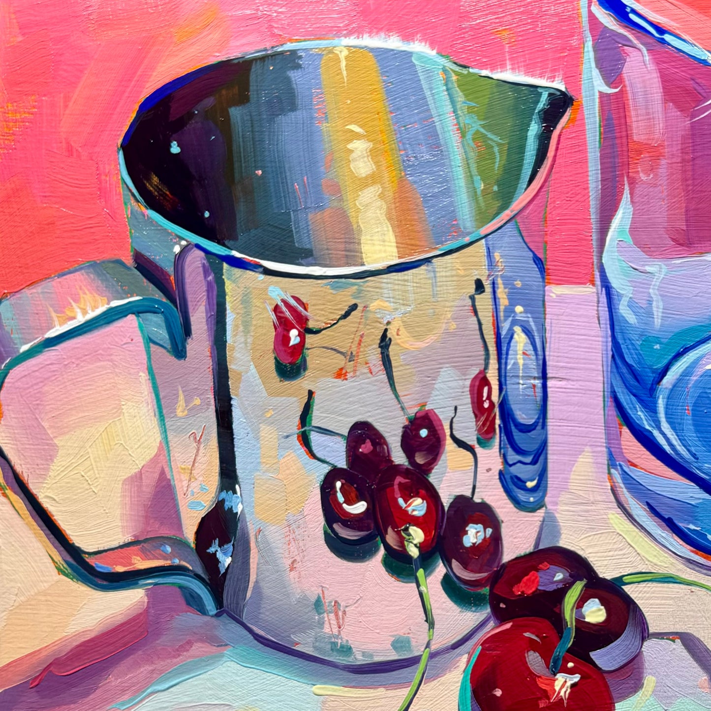 Cherries, pitcher and glass - Original Oil Painting