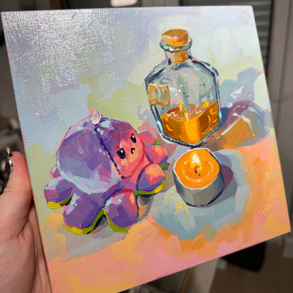 Plushie, candle and bottle - Original Oil Painting