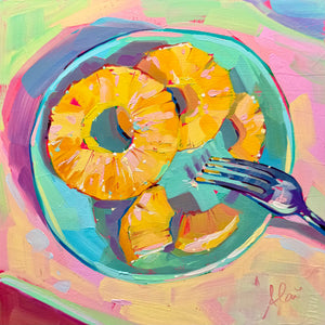 Original oil painting by Alai Ganuza featuring slices of fresh pineapple. Vibrant tropical fruit still life on wood canvas.
