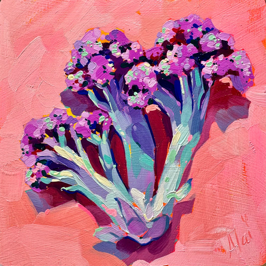 Original oil painting by Alai Ganuza titled "Purple Cauliflower". A head of purple cauliflower with teal and mint highlights on the florets and blue stems, painted with thick impasto texture against a salmon pink background.