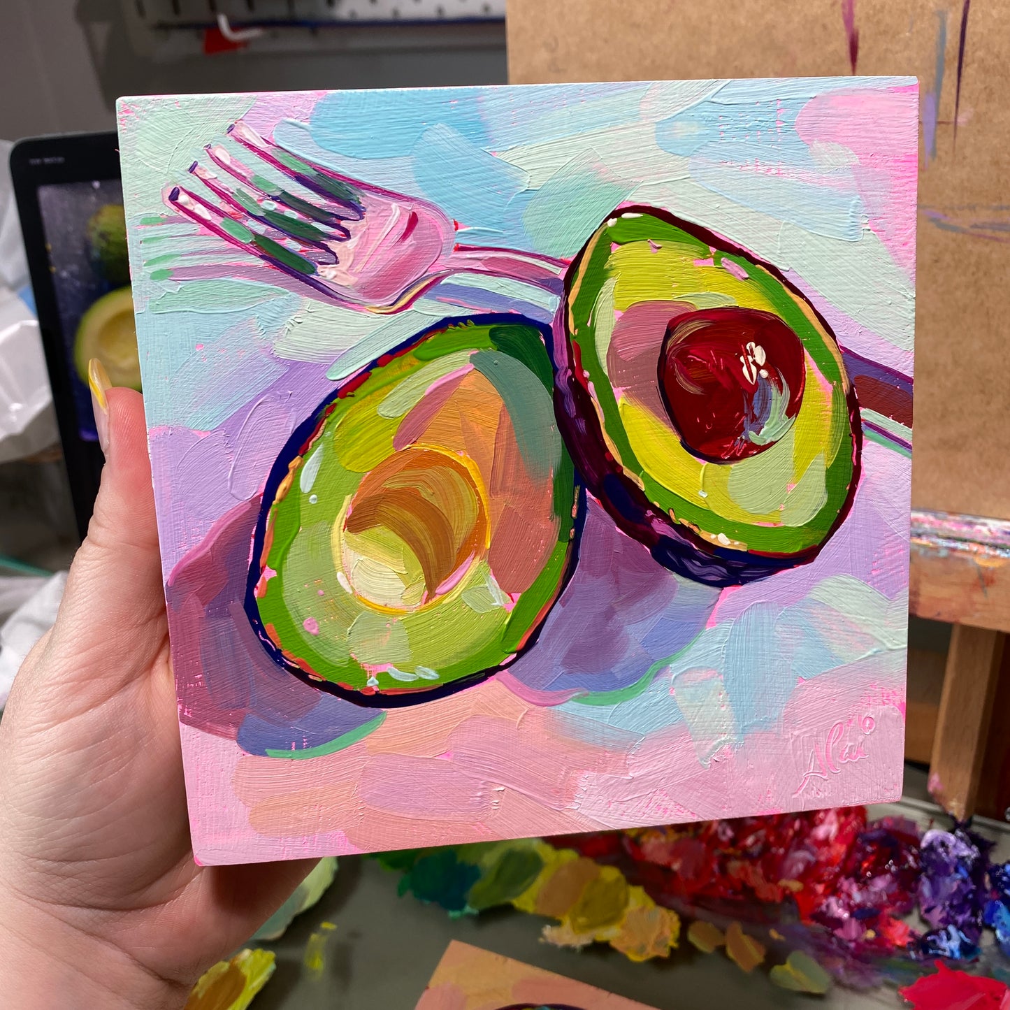 Avocados and fork - Original Oil Painting