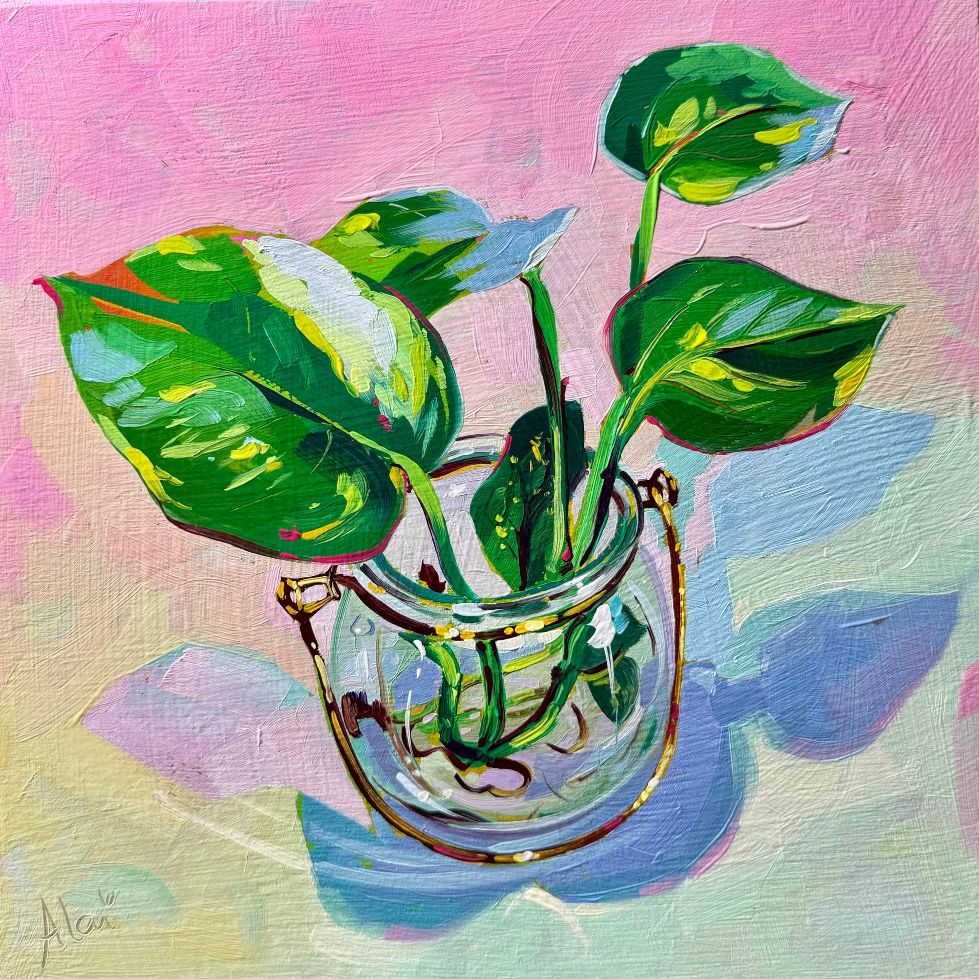 pothos art Leaves in Jar Oil Painting | Pothos Plant Wall Art