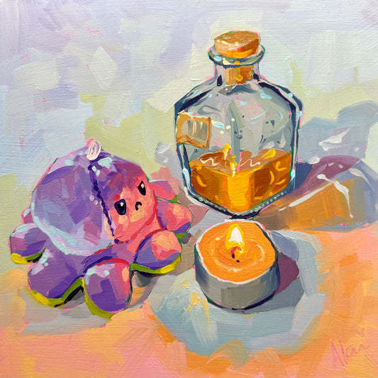 Plushie, candle and bottle - Original Oil Painting