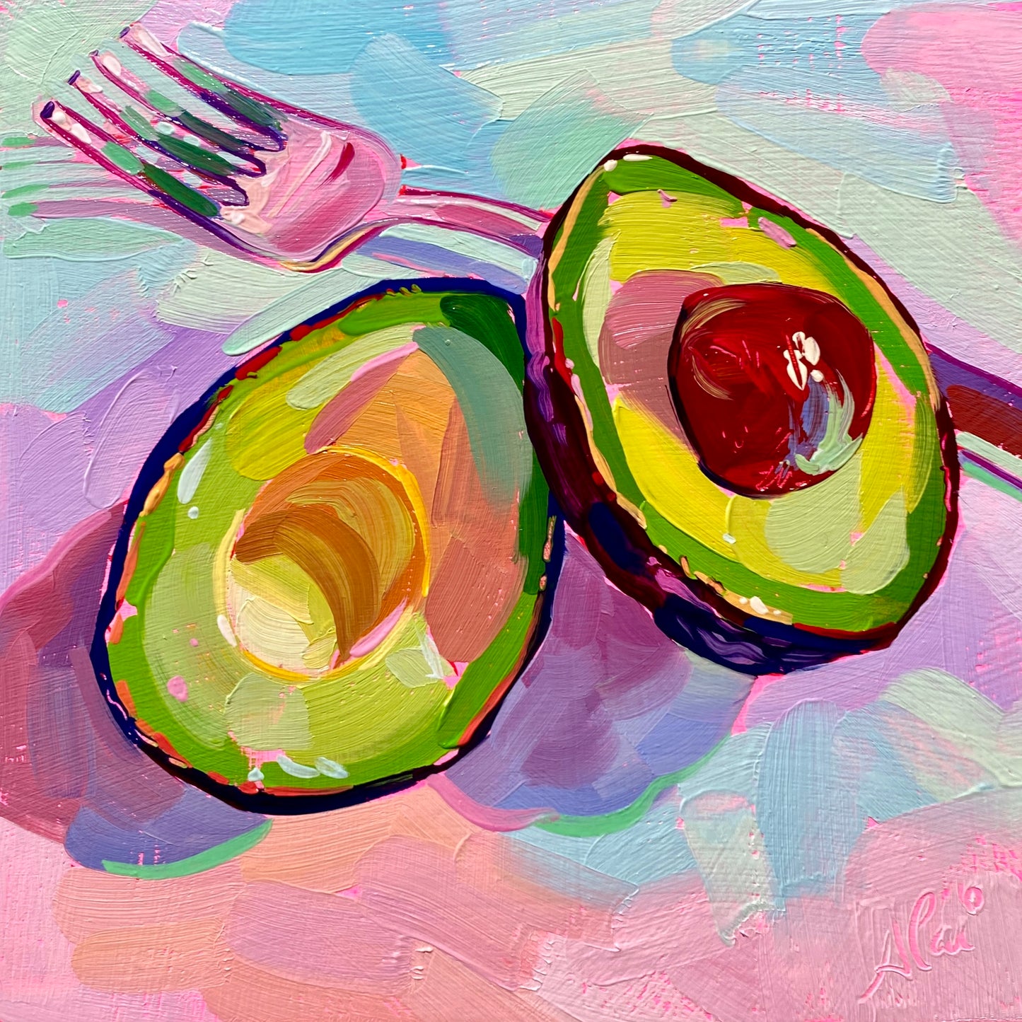 Avocados and fork - Original Oil Painting