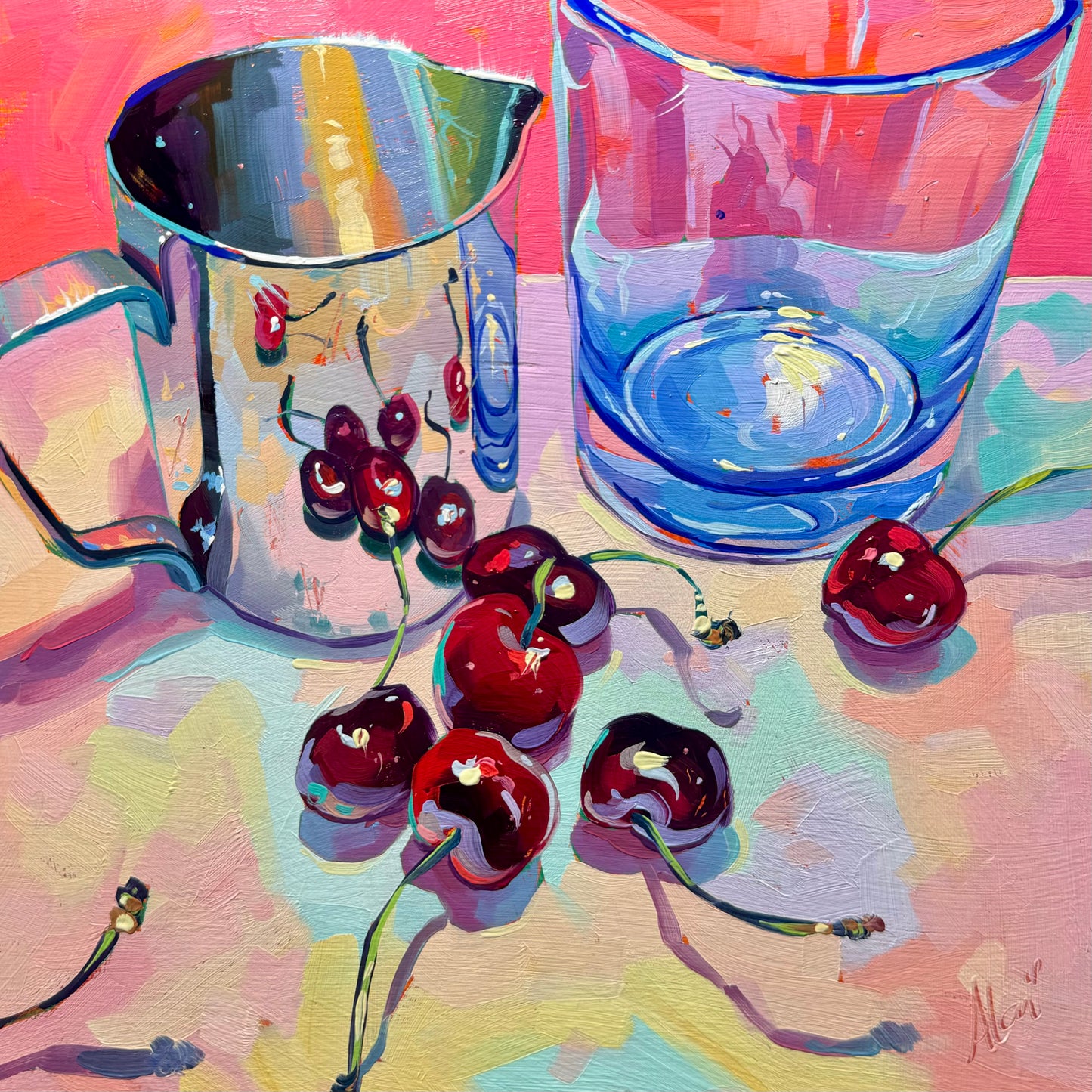 Cherries, pitcher and glass - Original Oil Painting