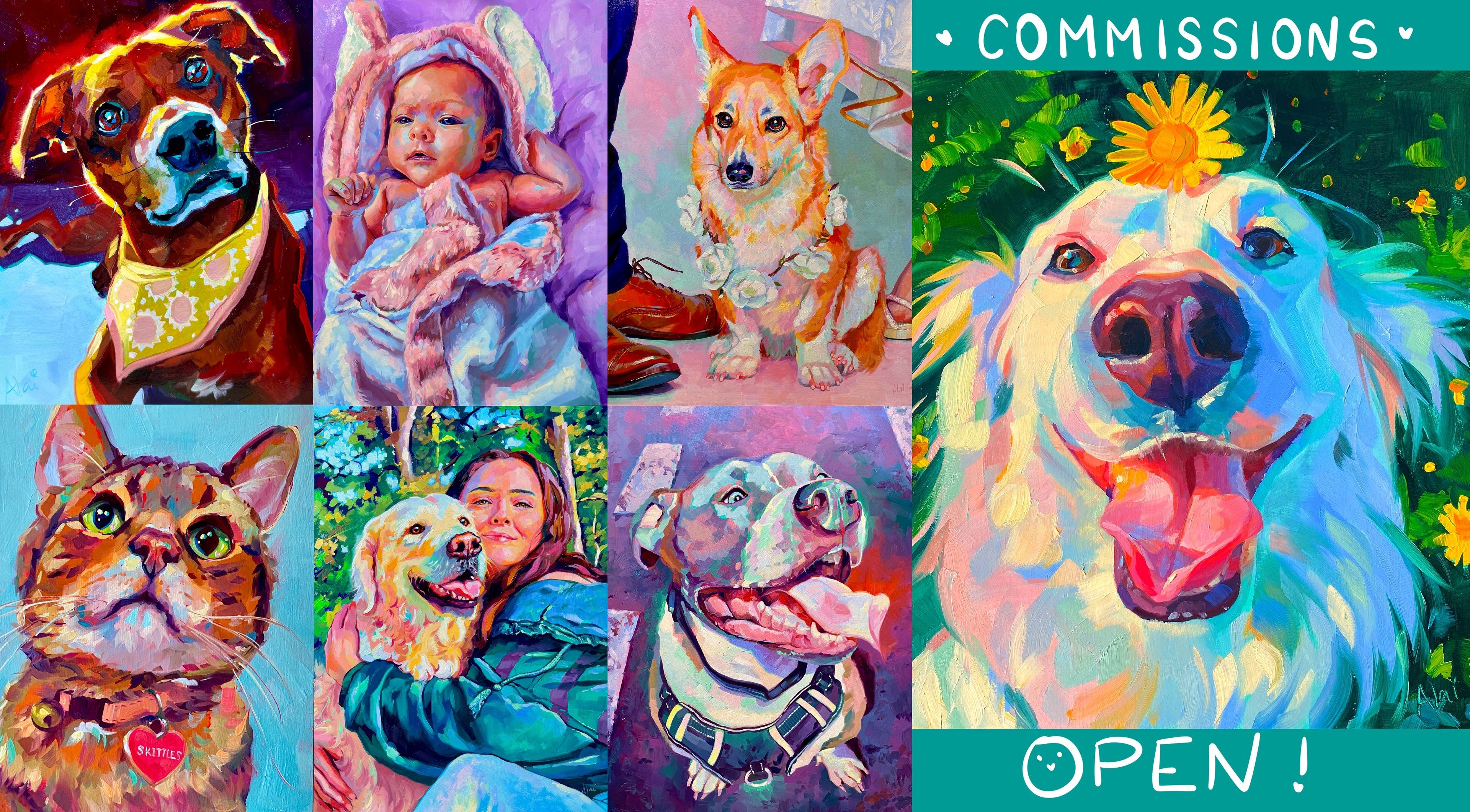 Custom pet portraits and family portrait paintings — vibrant oil and digital commissions by Alai Ganuza, commissions open now.