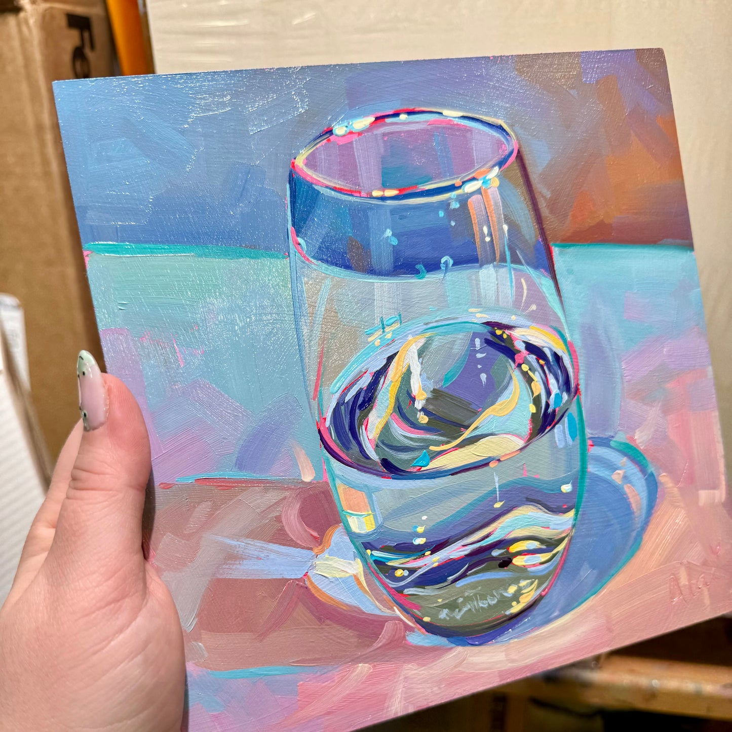 Wine glass with water - Original Oil Painting