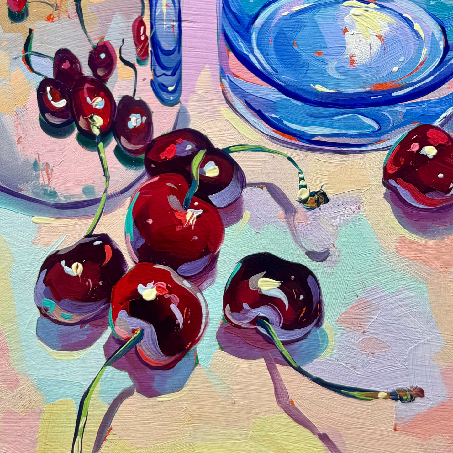 Cherries, pitcher and glass - Original Oil Painting